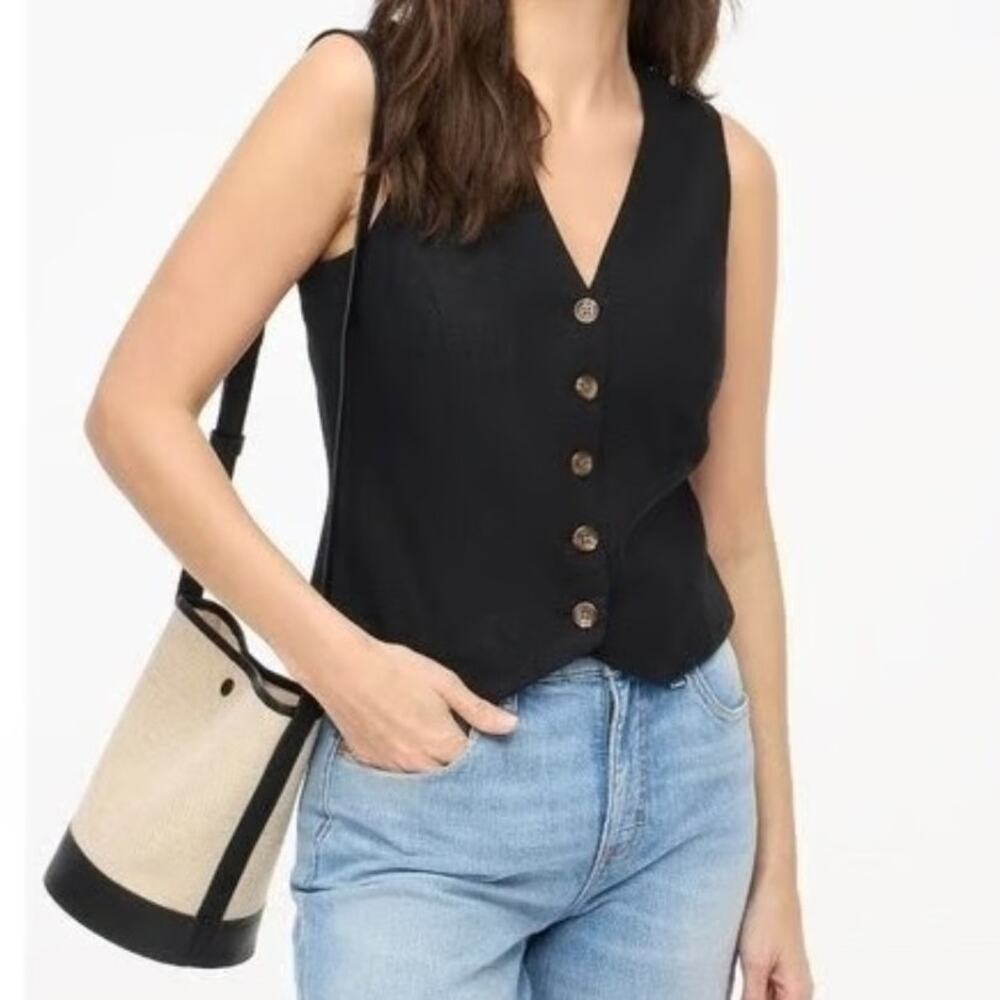 J Crew Button‎ Front Linen Blend Vest Black Button V Neck Tank Minimalist XS 0